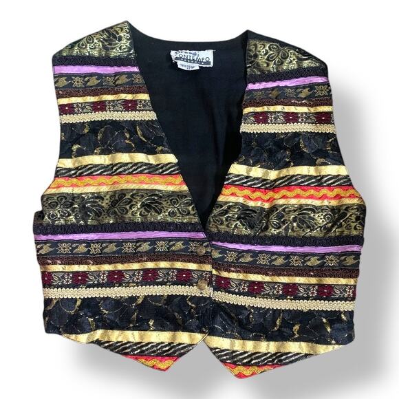 Vintage Contempo Casuals Tapestry Waistcoat Vest Black Gold Red Purple Cropped - Picture 1 of 12